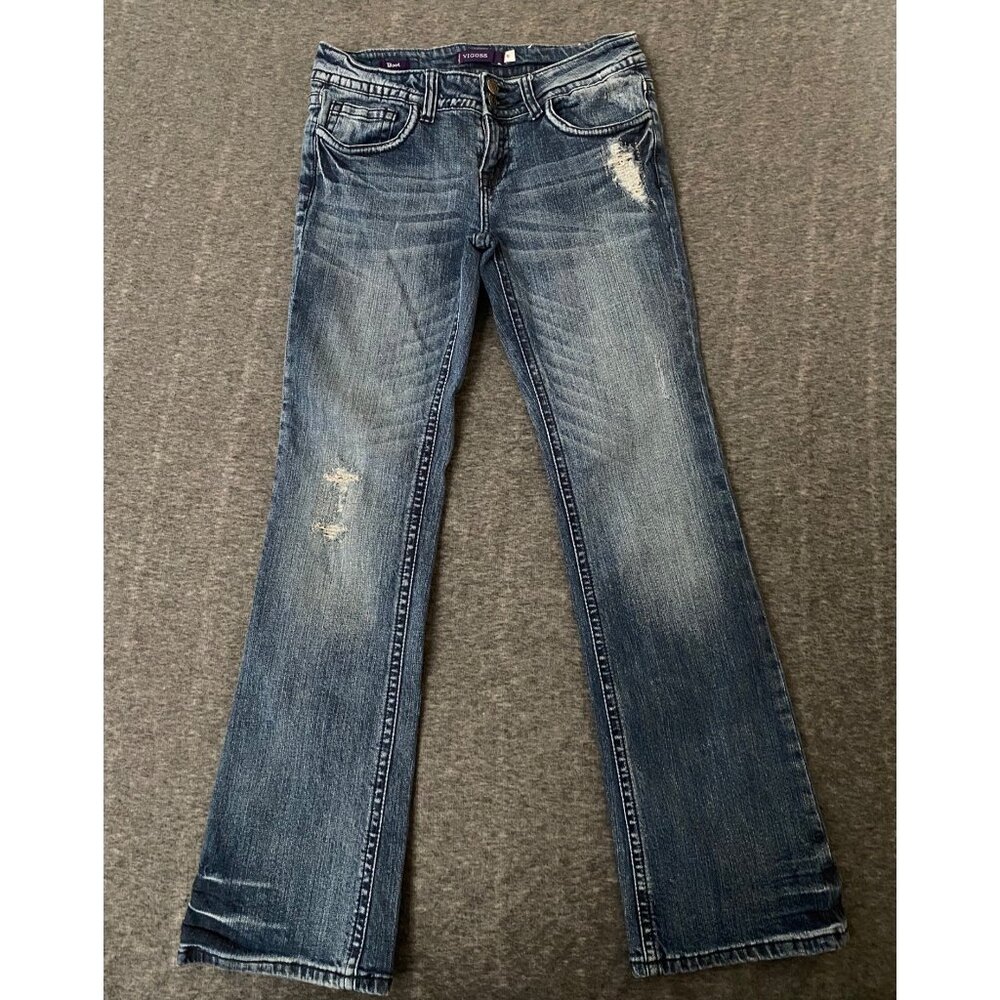 Vigoss Juniors Size 5 Bootcut Distressed Denim Jeans Sequin Holes Flare Stretch - Picture 2 of 8
